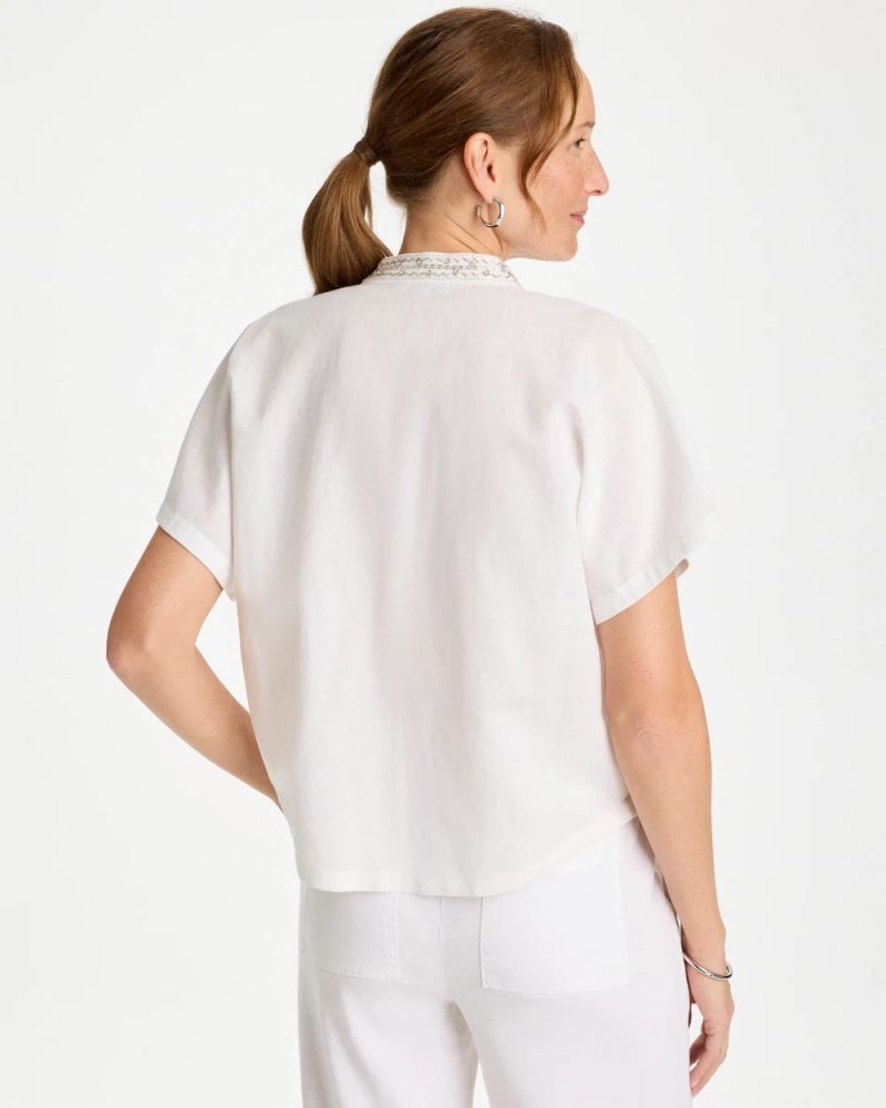 Chicos Linen Embellished Popover Top - ALABASTER