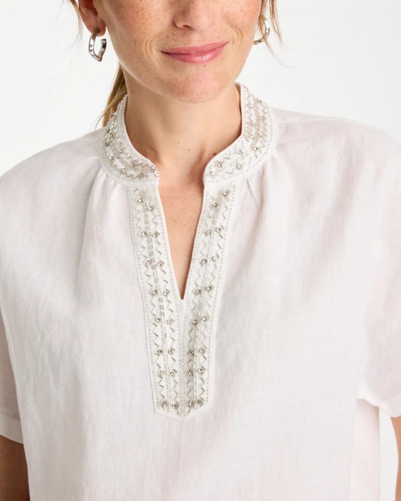 Chicos Linen Embellished Popover Top - ALABASTER