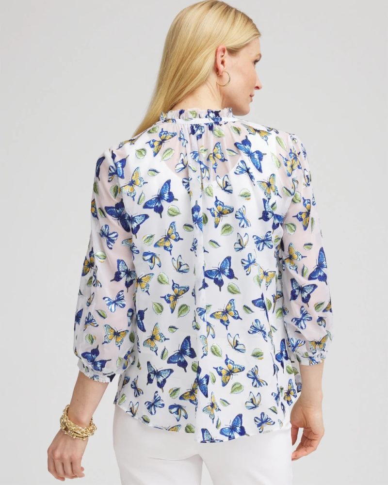Chicos Ruffle Collar Butterfly Burnout Blouse - BLUE CASA