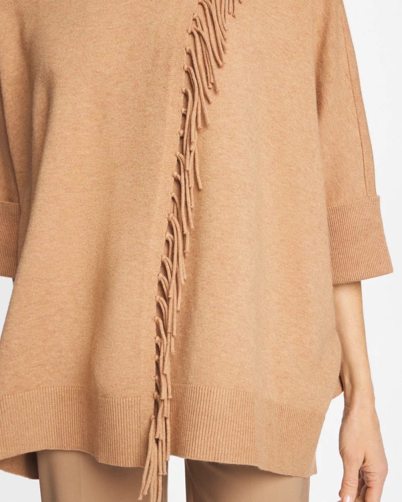 Chicos Cowlneck Knit Fringe Poncho - FAUX CREME COFFEE HEATHER