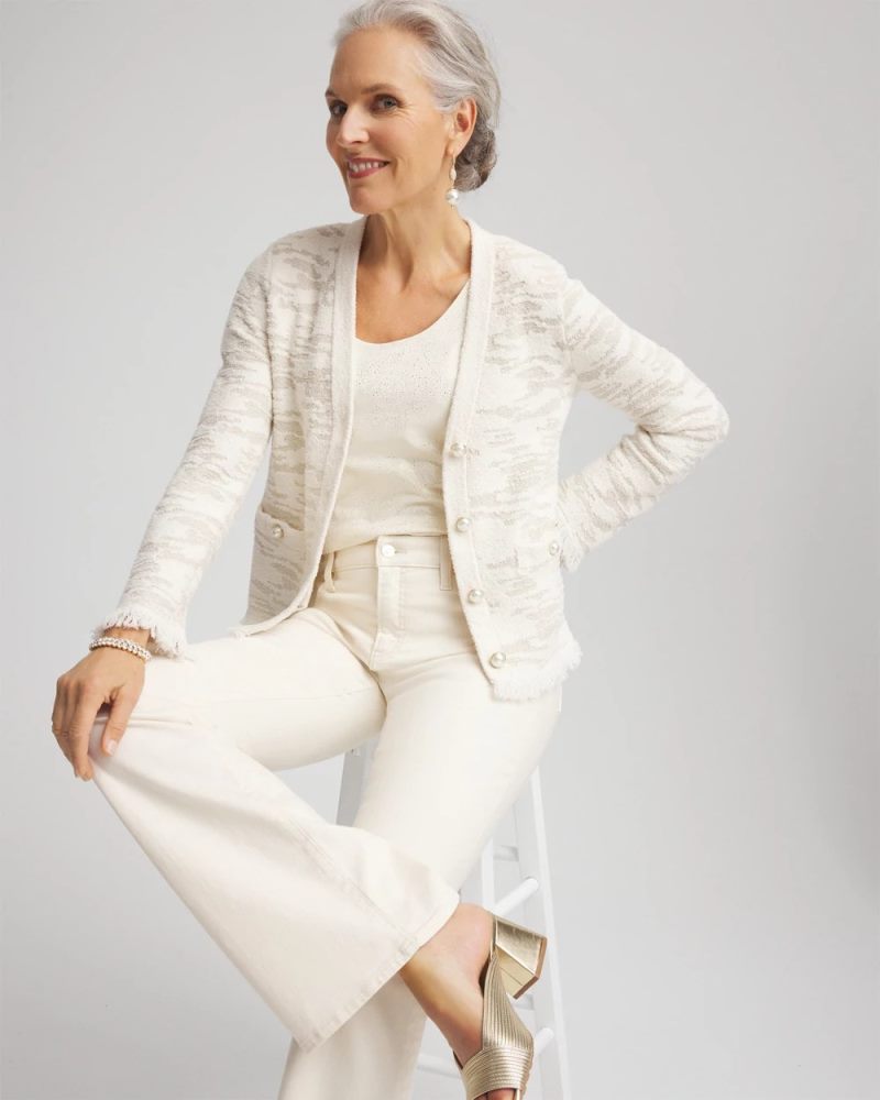 Chicos Fringe Textured V-Neck Cardigan - ENGLISH CREAM