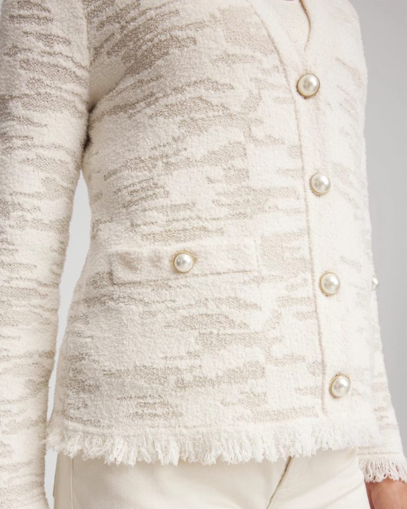Chicos Fringe Textured V-Neck Cardigan - ENGLISH CREAM