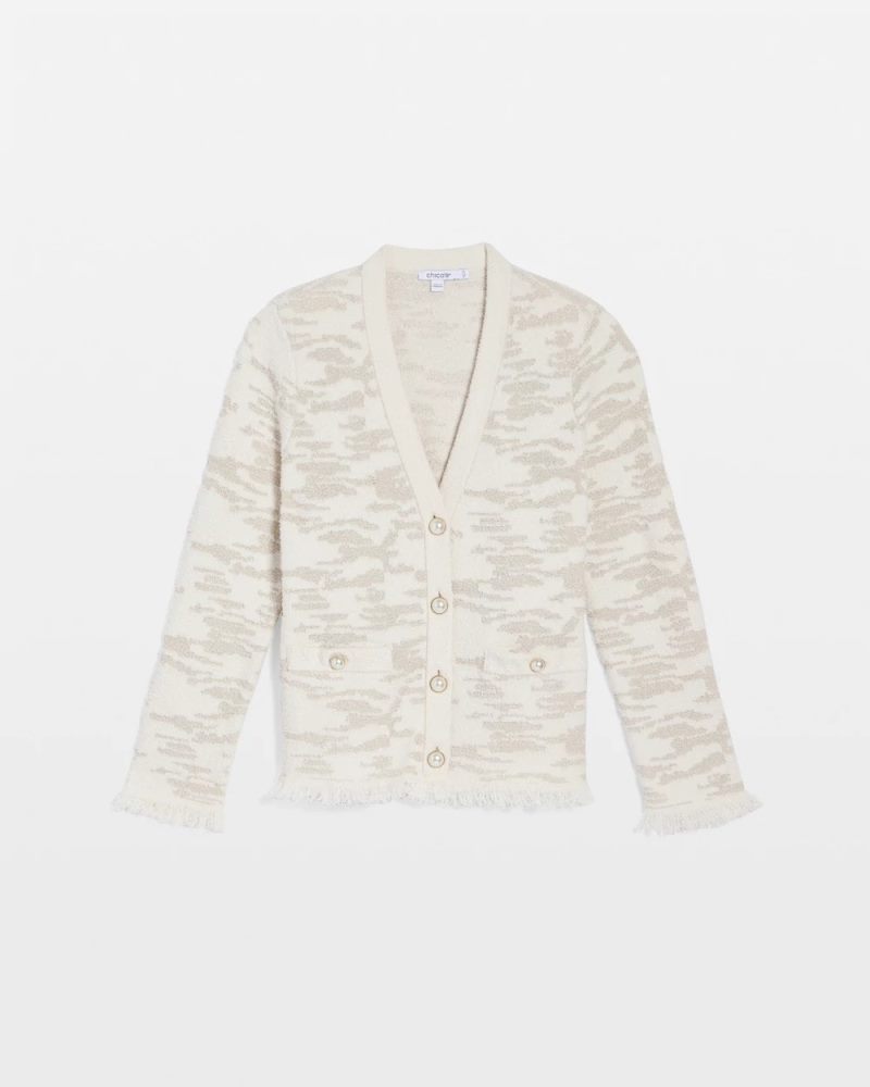 Chicos Fringe Textured V-Neck Cardigan - ENGLISH CREAM