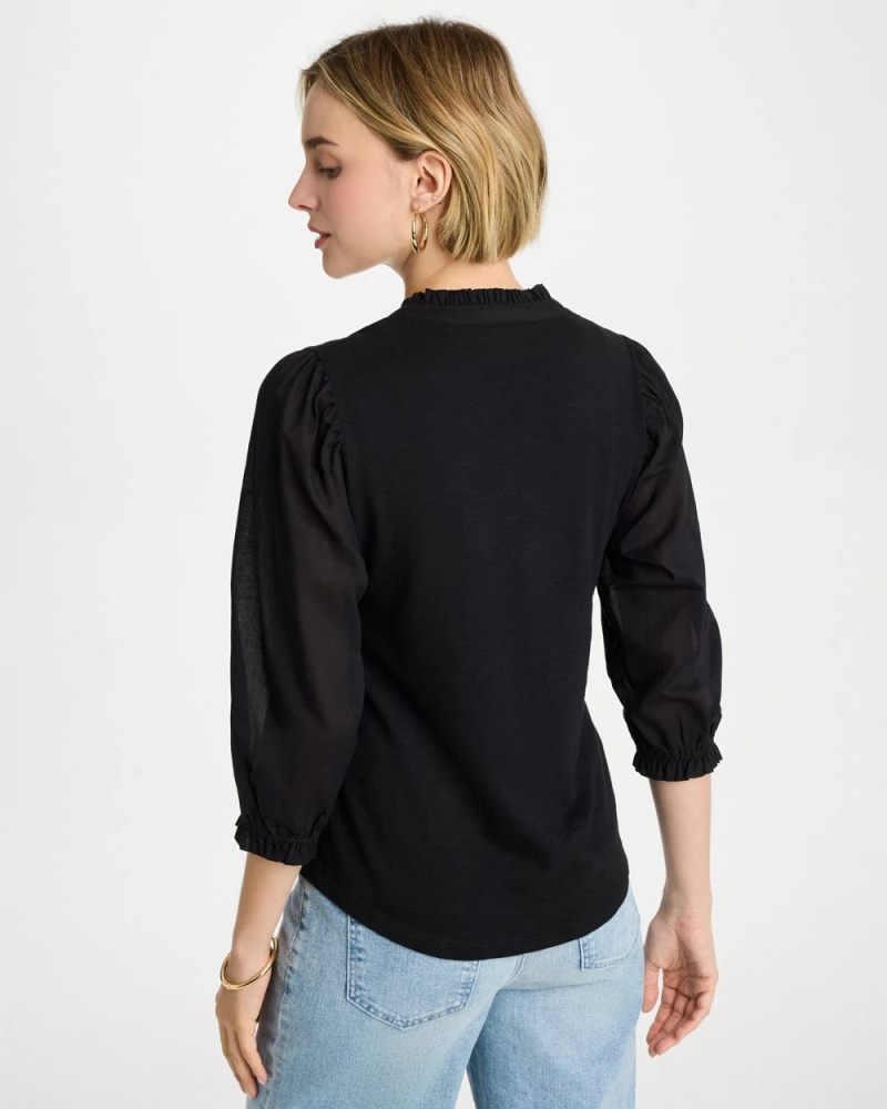 Chicos Ruffled V-Neck 3/4 Sleeve Top - BLACK