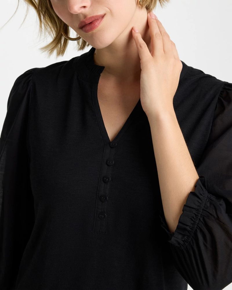 Chicos Ruffled V-Neck 3/4 Sleeve Top - BLACK