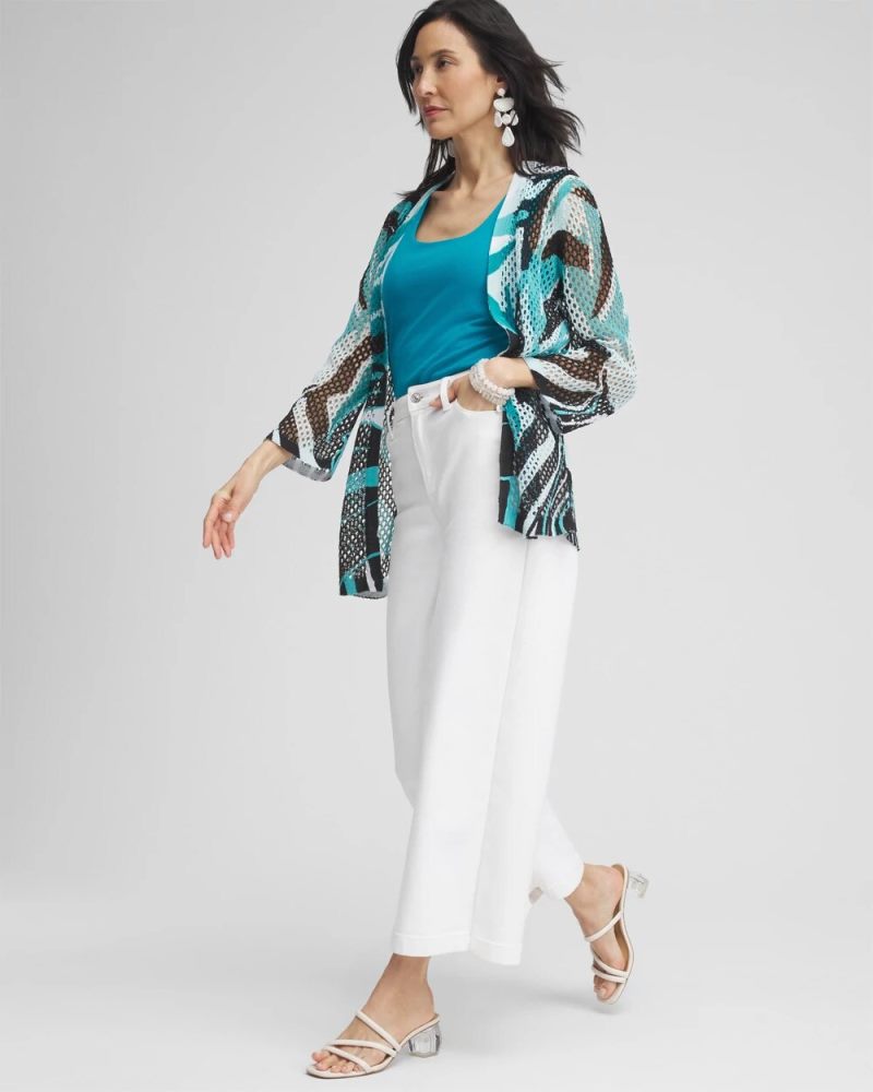 Chicos Palms Printed Mesh Cardigan - OCEANO