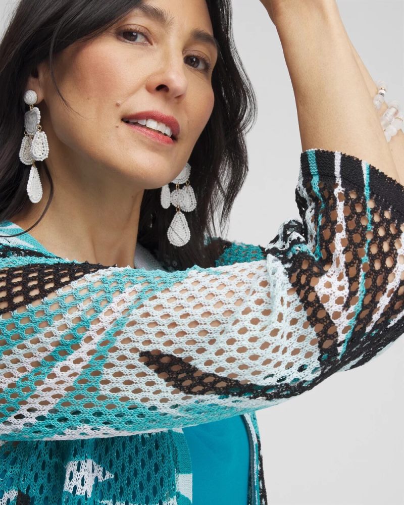 Chicos Palms Printed Mesh Cardigan - OCEANO