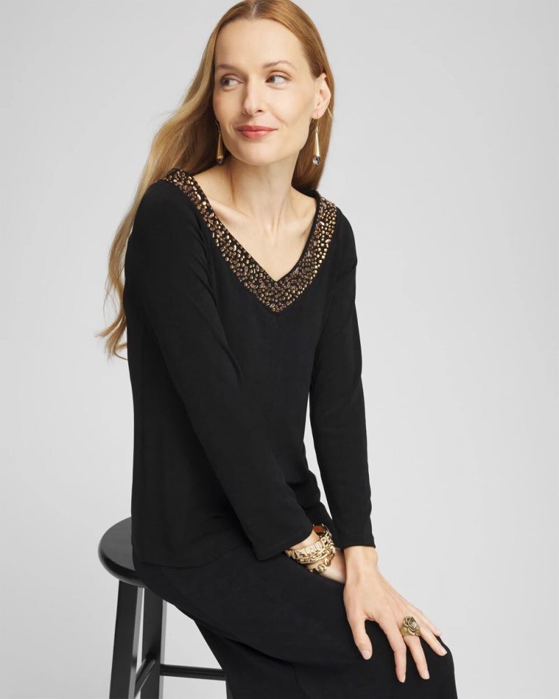 Chicos Travelers™ Rhinestone V-neck Top - TRAVELERS BLACK