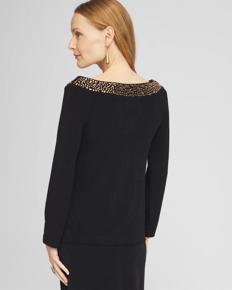 Chicos Travelers™ Rhinestone V-neck Top - TRAVELERS BLACK