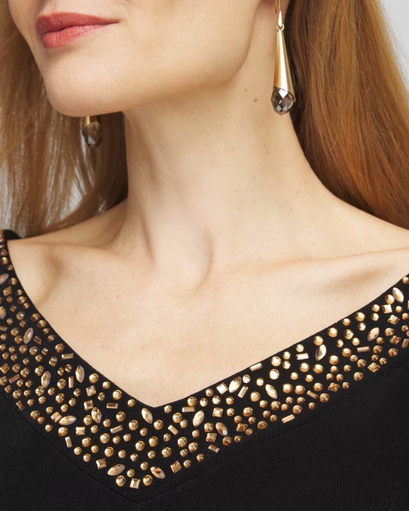 Chicos Travelers™ Rhinestone V-neck Top - TRAVELERS BLACK