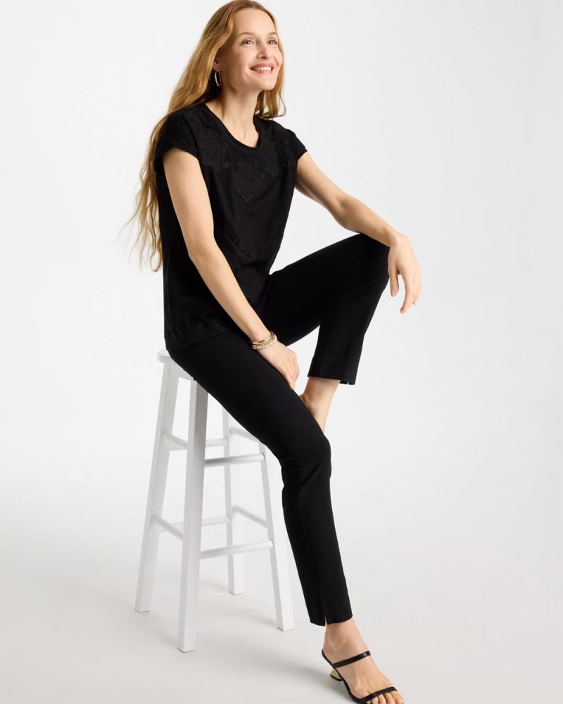 Chicos Monochrome Embroidered Cap-Sleeve Tee - BLACK