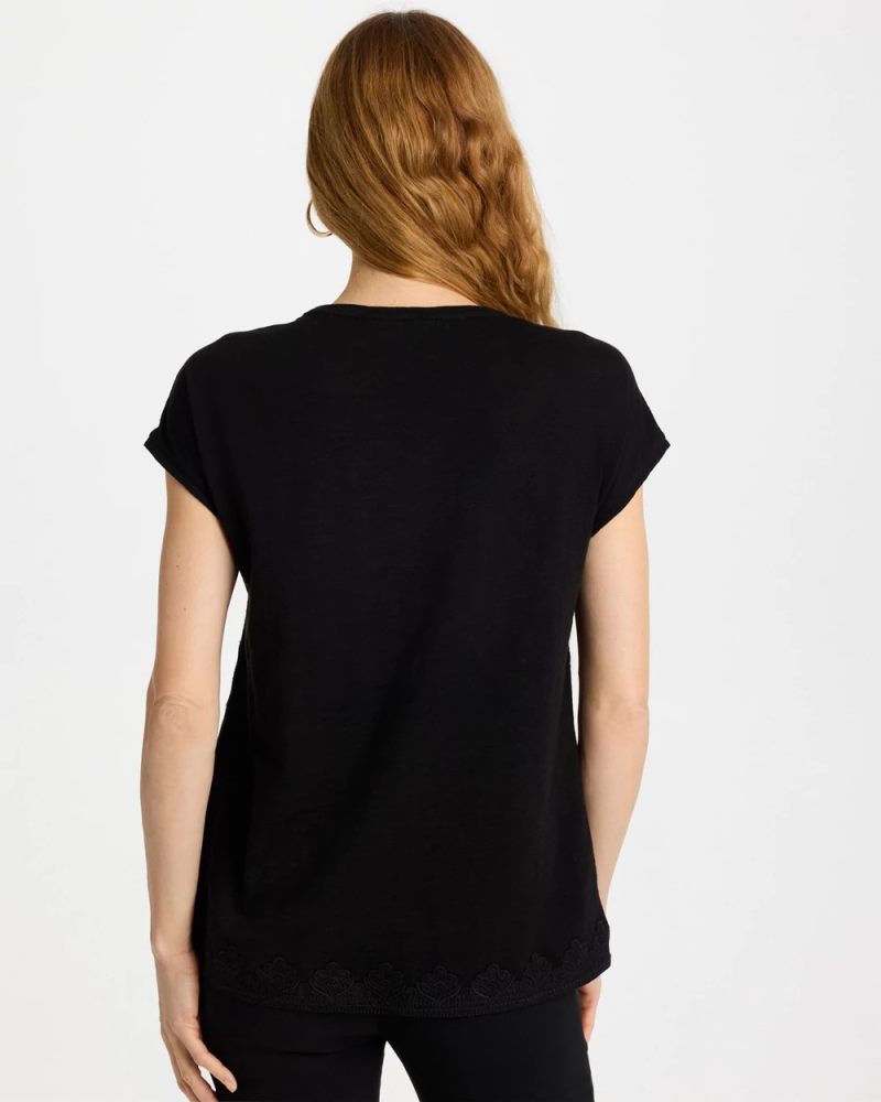 Chicos Monochrome Embroidered Cap-Sleeve Tee - BLACK