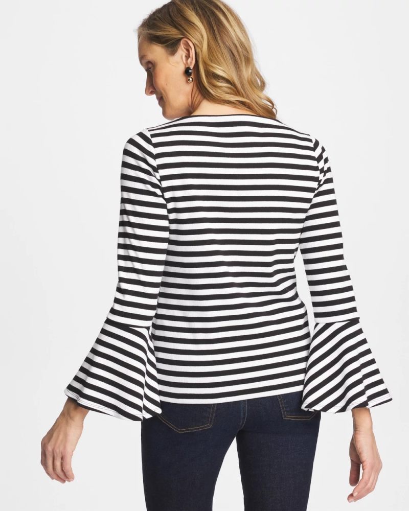 Chicos Striped Rib Knit Bell Sleeve Top - BLACK