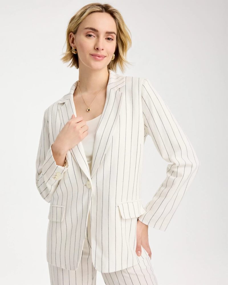 Chicos Linen-Blend Striped Boyfriend Blazer - ECRU
