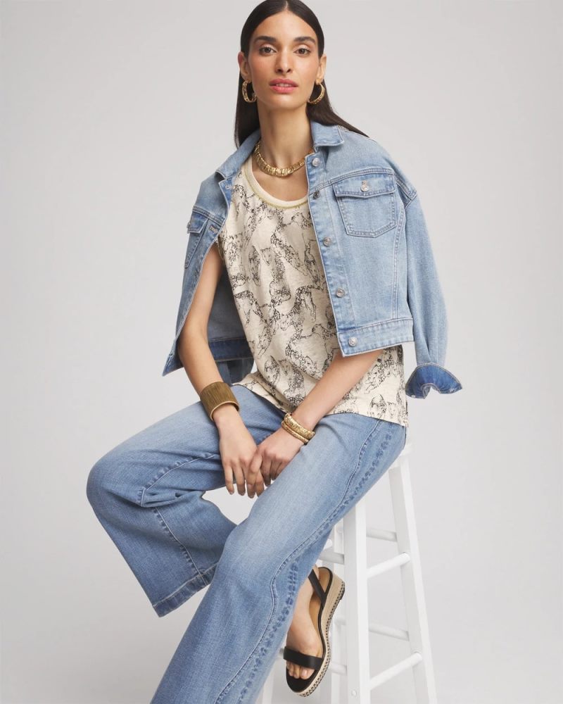 Chicos Panther Sweater-Trim Linen Tee - GLISTENING SAND