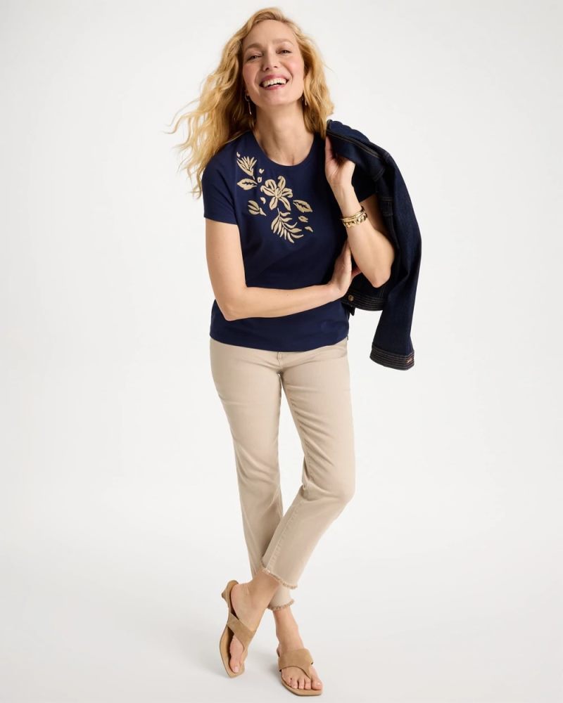 Chicos Cotton Stretch Cap Sleeve Embroidered Tee - PASSPORT BLUE