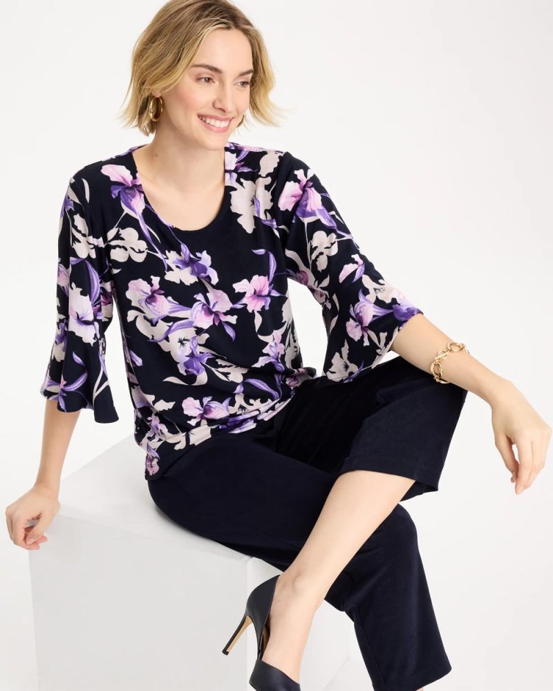 Chicos Travelers™ Amethyst Iris Flounce-Sleeve Top - TRAVELERS INDIA INK