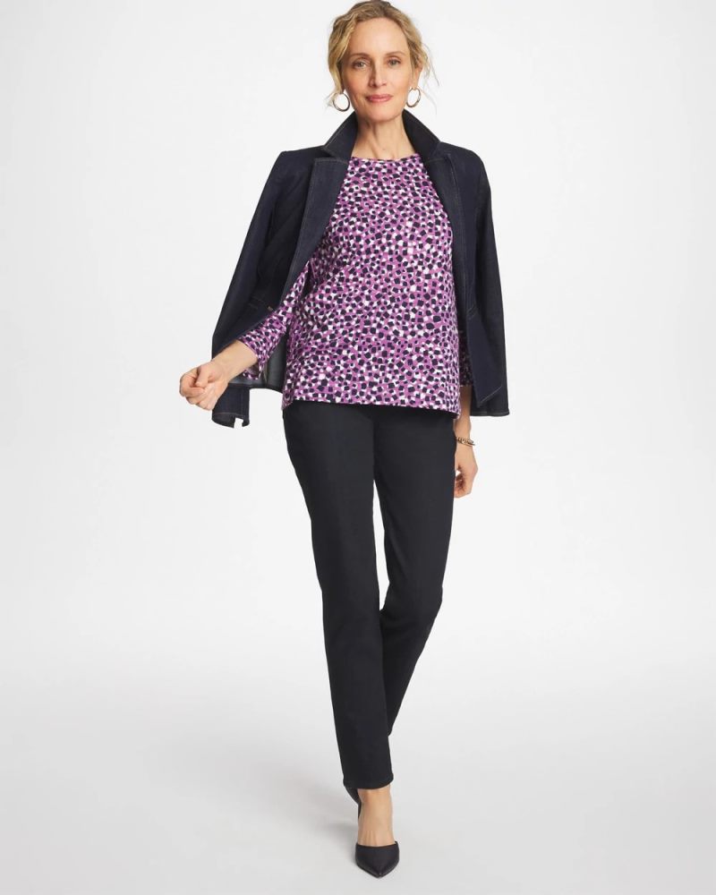 Chicos Printed Slub Button Detail Tee - VIOLET SHADOW