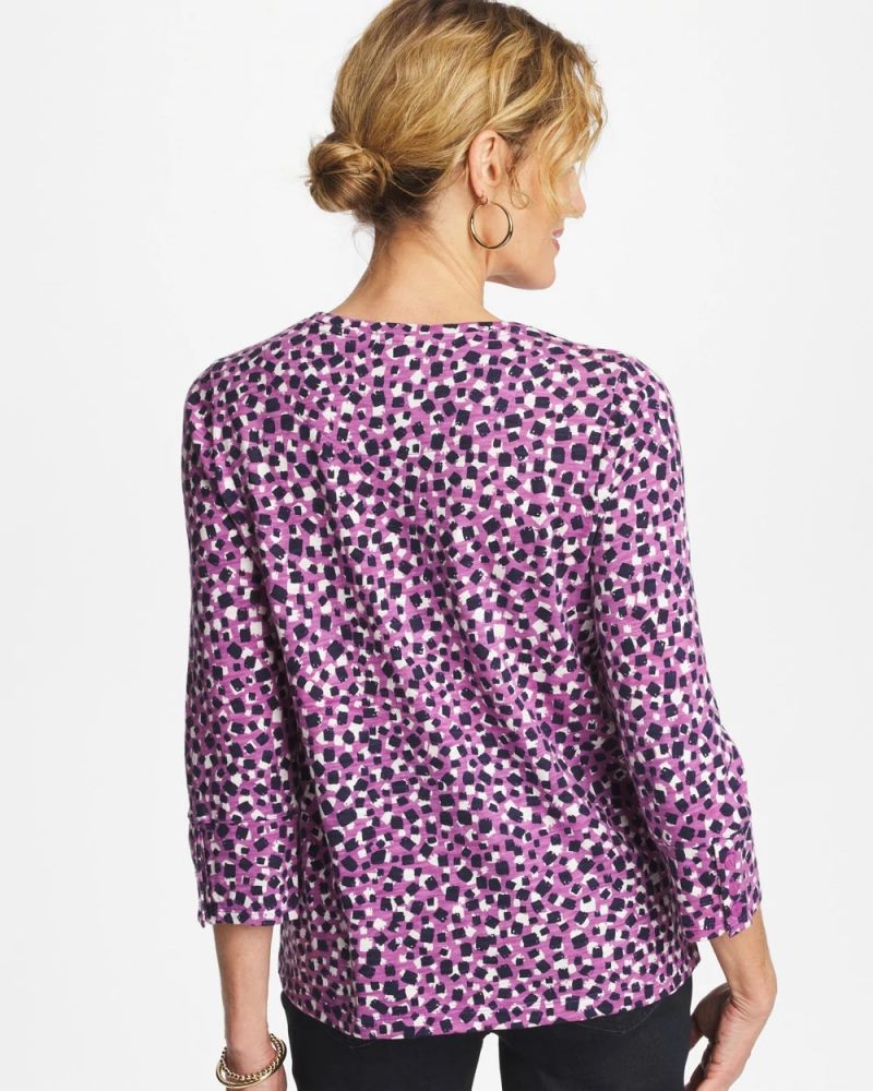 Chicos Printed Slub Button Detail Tee - VIOLET SHADOW