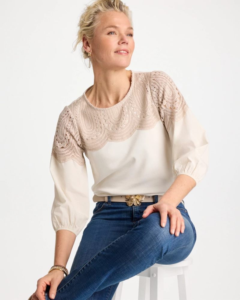 Chicos Lace Crochet Sleeve Tee - ECRU