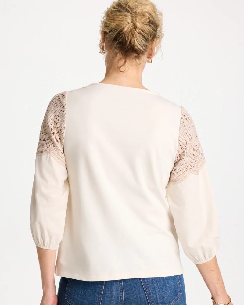 Chicos Lace Crochet Sleeve Tee - ECRU