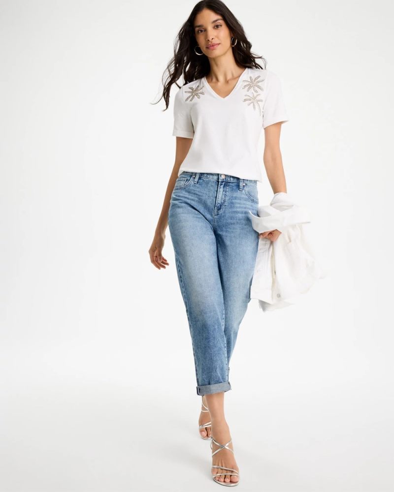 Chicos Cotton Stretch Palm Sequin Tee - ALABASTER