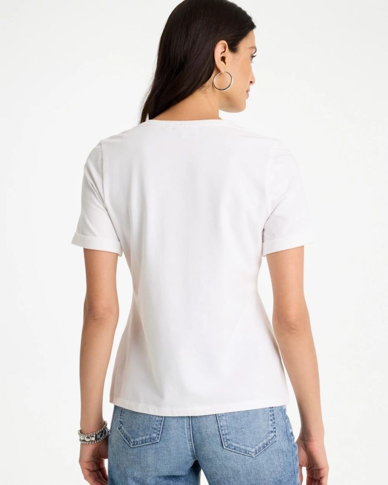 Chicos Cotton Stretch Palm Sequin Tee - ALABASTER