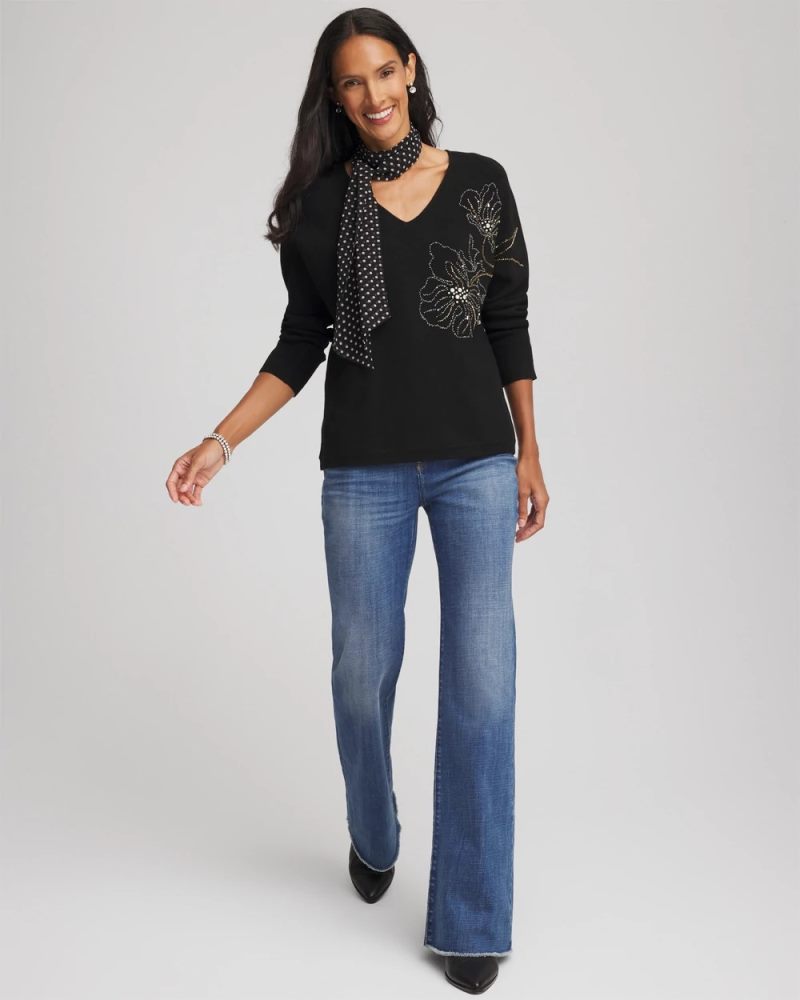 Chicos Floral Embellished Dolman V-Neck Pullover - BLACK
