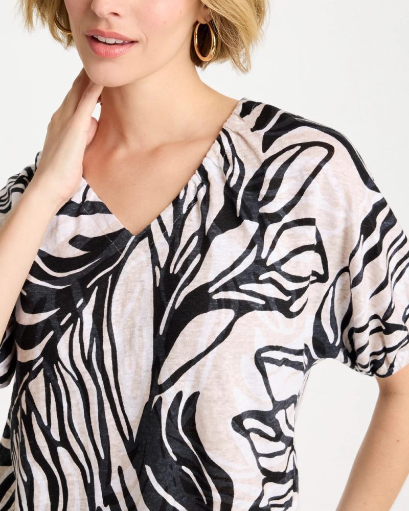 Chicos Tropical Nights Linen Ruched V-Neck Tee - SMOKEY TAUPE