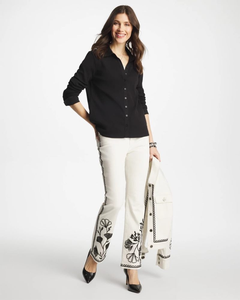 Chicos Collared Rib Mix Henley - BLACK