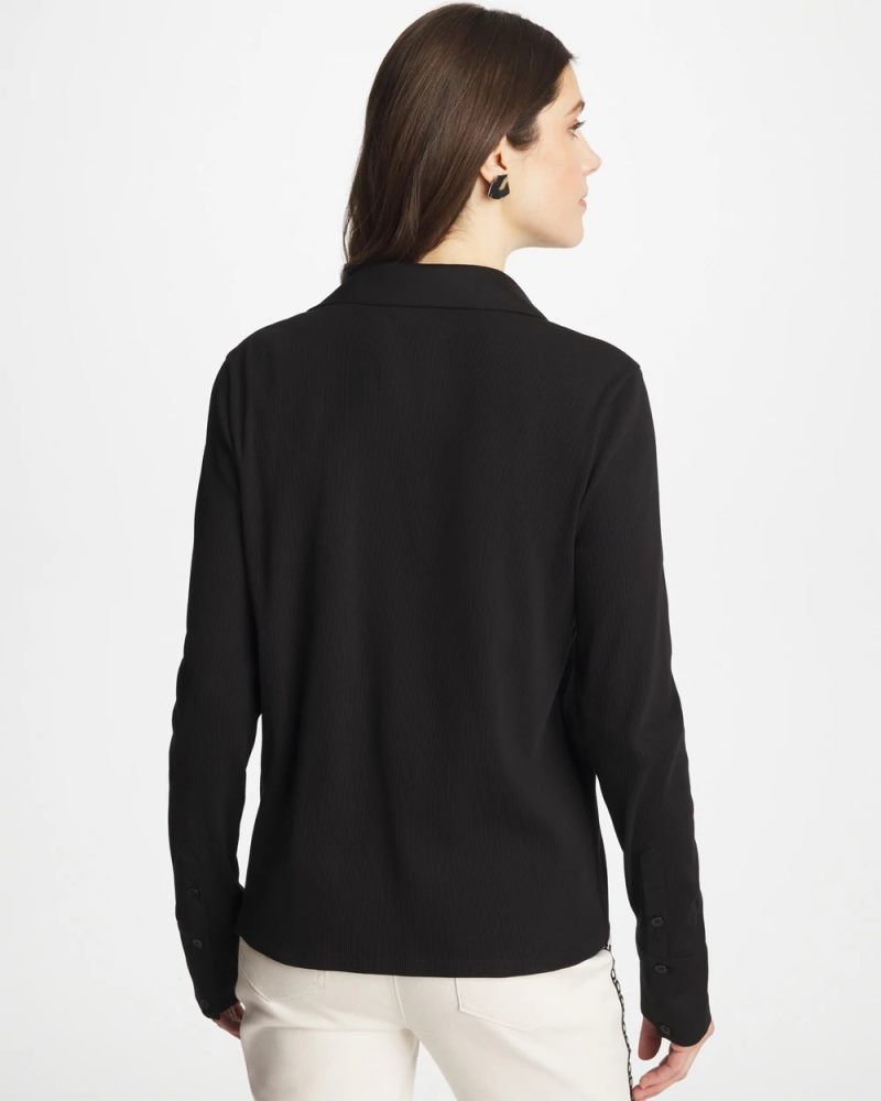 Chicos Collared Rib Mix Henley - BLACK