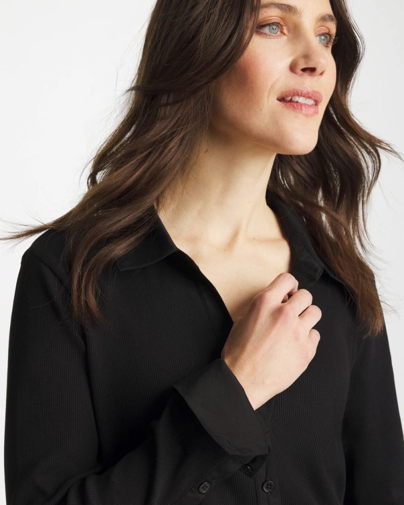 Chicos Collared Rib Mix Henley - BLACK