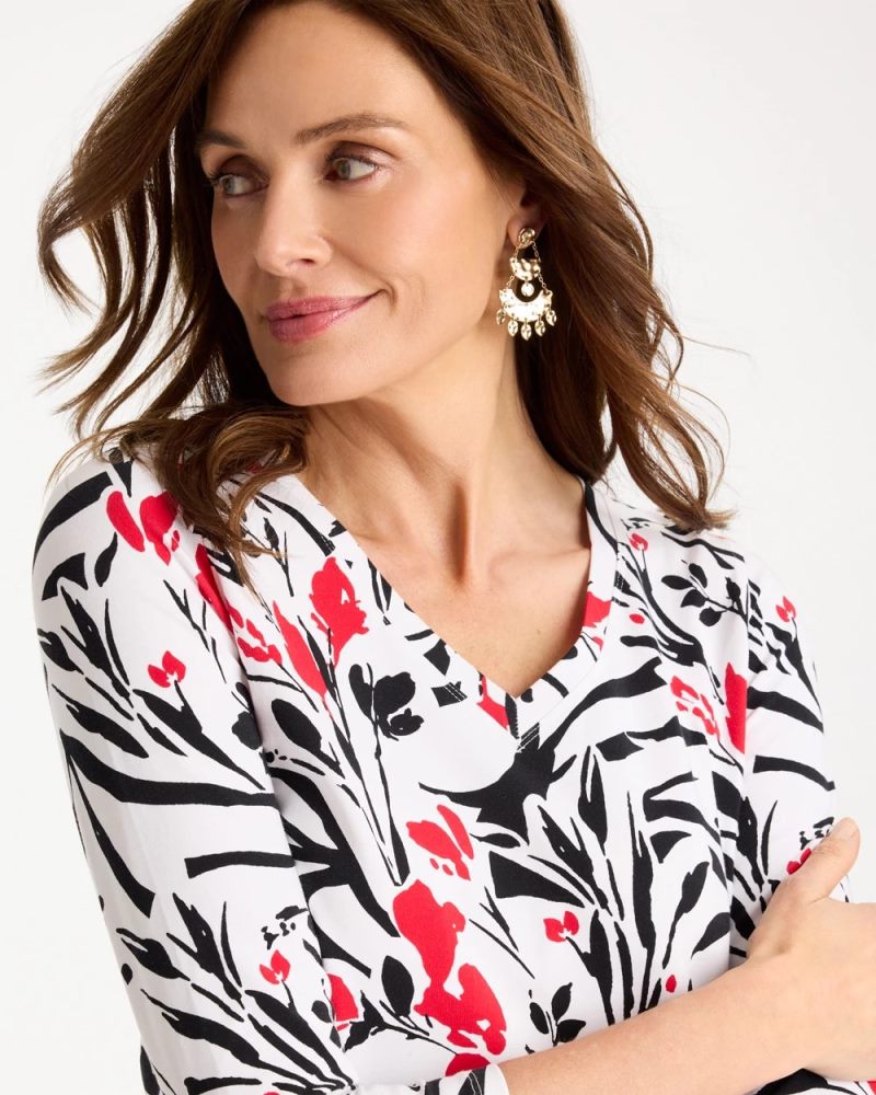 Chicos Cotton Stretch 3/4 Sleeve Floral Tee - BLACK