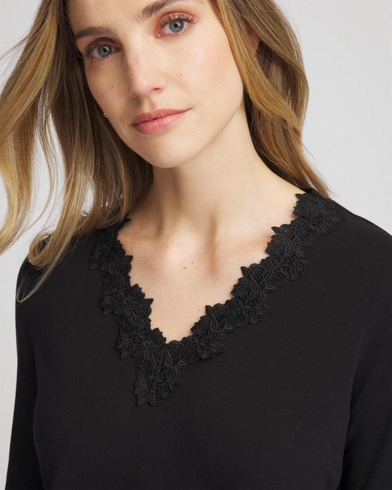 Chicos Lace Stretch-Cotton Tee - BLACK