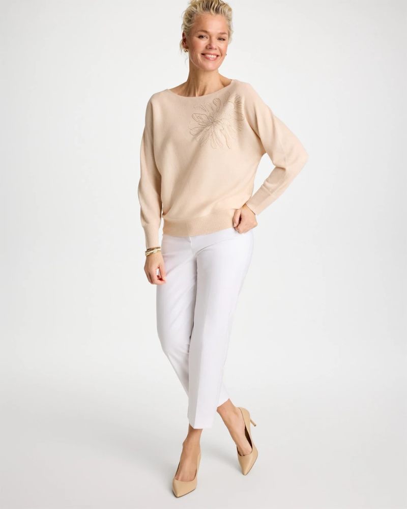 Chicos Embroidered 3/4 Sleeve Sweater - NEUTRAL