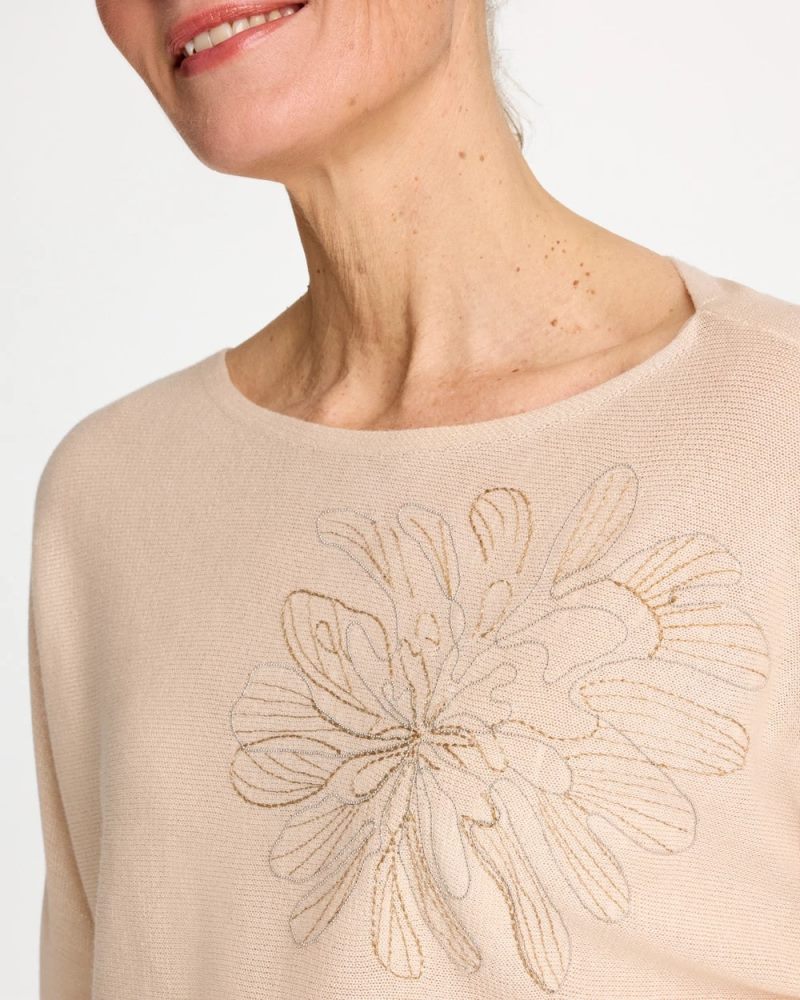 Chicos Embroidered 3/4 Sleeve Sweater - NEUTRAL