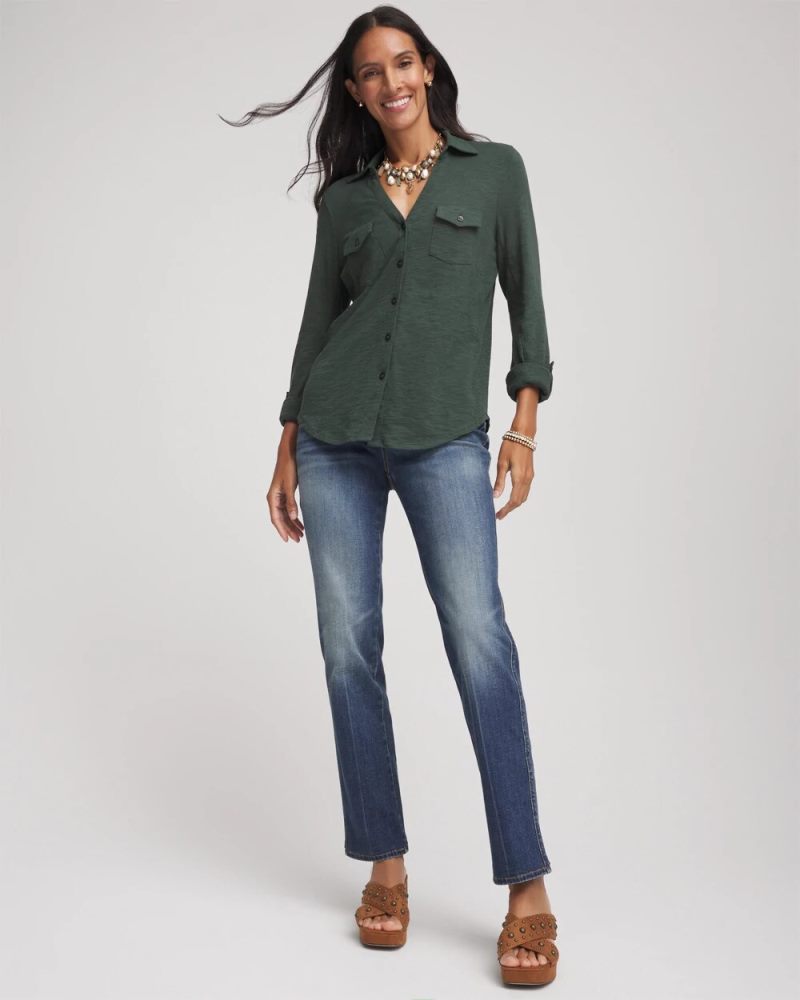 Chicos Collared Henley Shirt - DARKEST SPRUCE