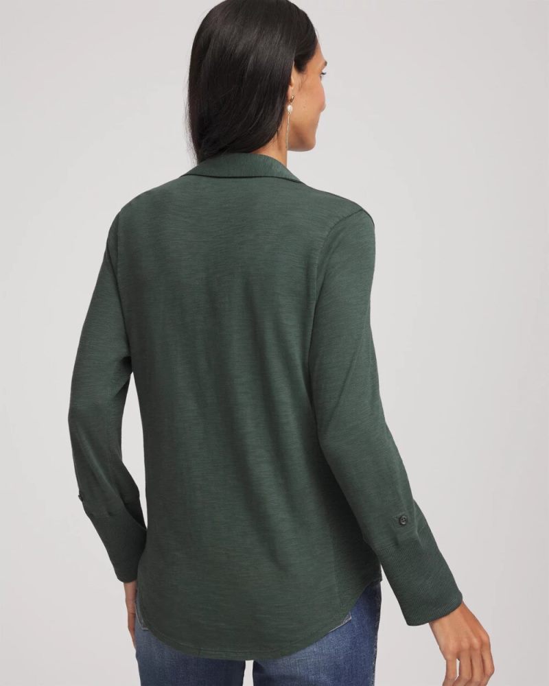 Chicos Collared Henley Shirt - DARKEST SPRUCE