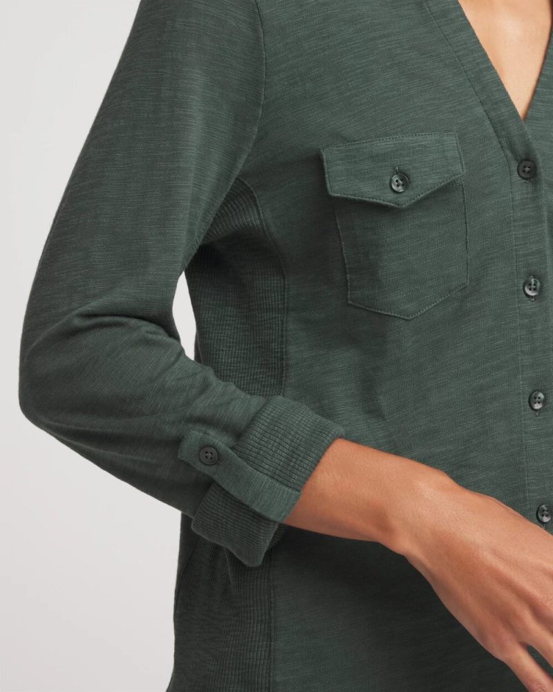Chicos Collared Henley Shirt - DARKEST SPRUCE