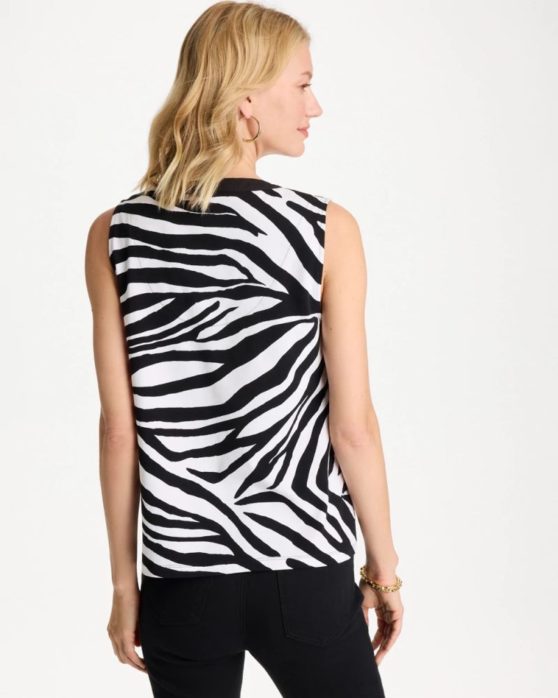 Chicos Zebra Cotton-Stretch Notch Neck Tank - BLACK