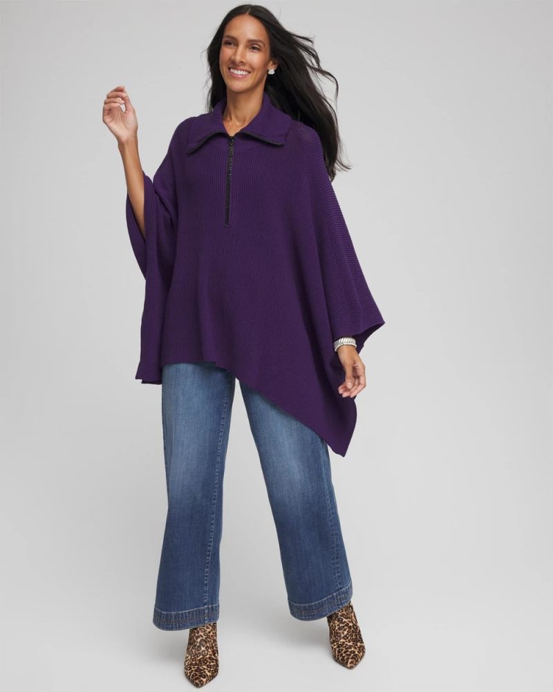 Chicos Rhinestone Zip-Collar Sweater Poncho - PURPLE ELIXIR