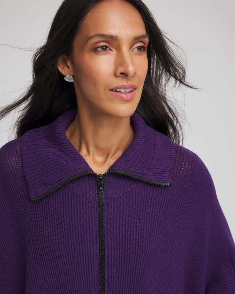 Chicos Rhinestone Zip-Collar Sweater Poncho - PURPLE ELIXIR