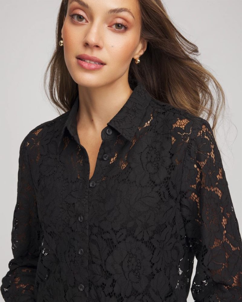 Chicos Classic-Fit Collared Lace Shirt - BLACK