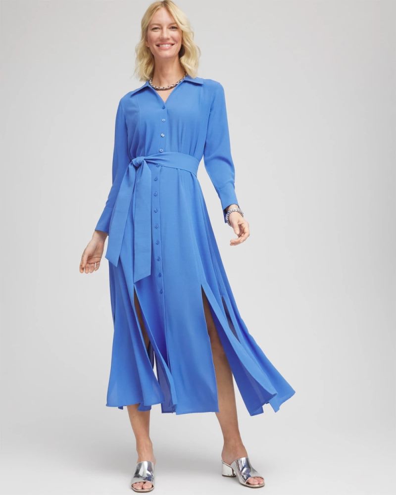 Chicos Belted Split Hem Maxi Shirtdress - BLUE PEARL