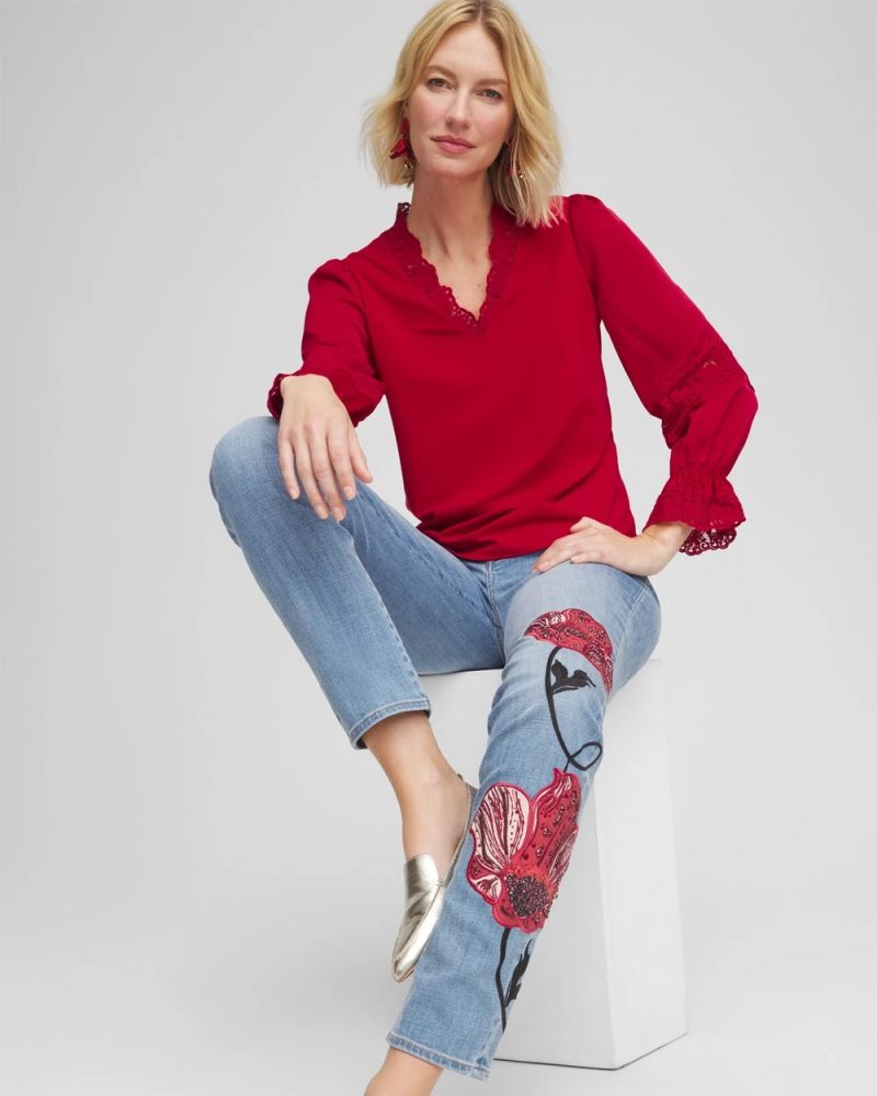 Chicos Lace V-Neck Top - CARMINE RED