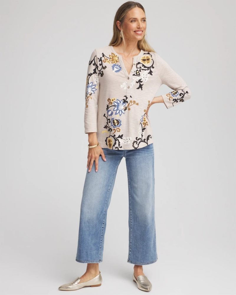 Chicos Paisley Cotton-Slub Splitneck Henley - SMOKEY TAUPE