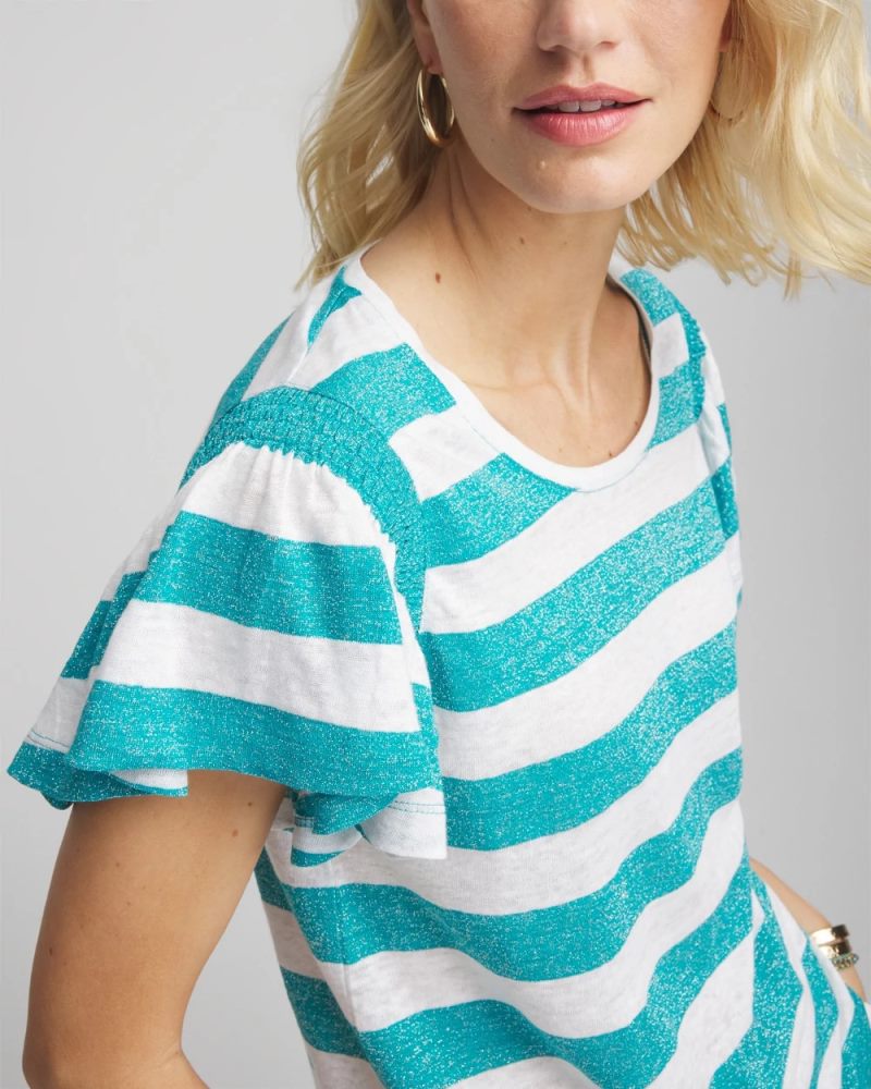 Chicos Linen Metallic Striped Flutter-Sleeve Tee - SEASPRAY