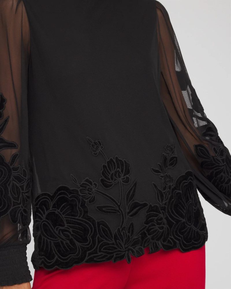 Chicos Sheer Mesh Velvet Appliqué Top - BLACK
