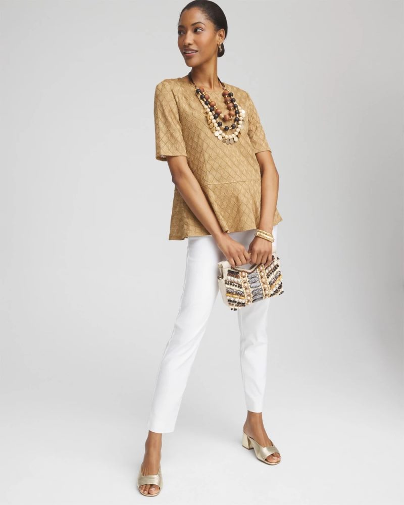Chicos Metallic Crochet-Lace Peplum Tee - CAFE AROMA