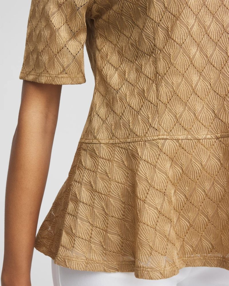 Chicos Metallic Crochet-Lace Peplum Tee - CAFE AROMA
